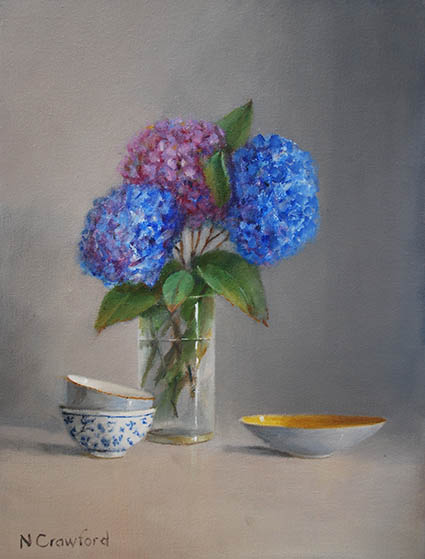 Nellie Crawford Hydrangea in a Glass with Little Bowls